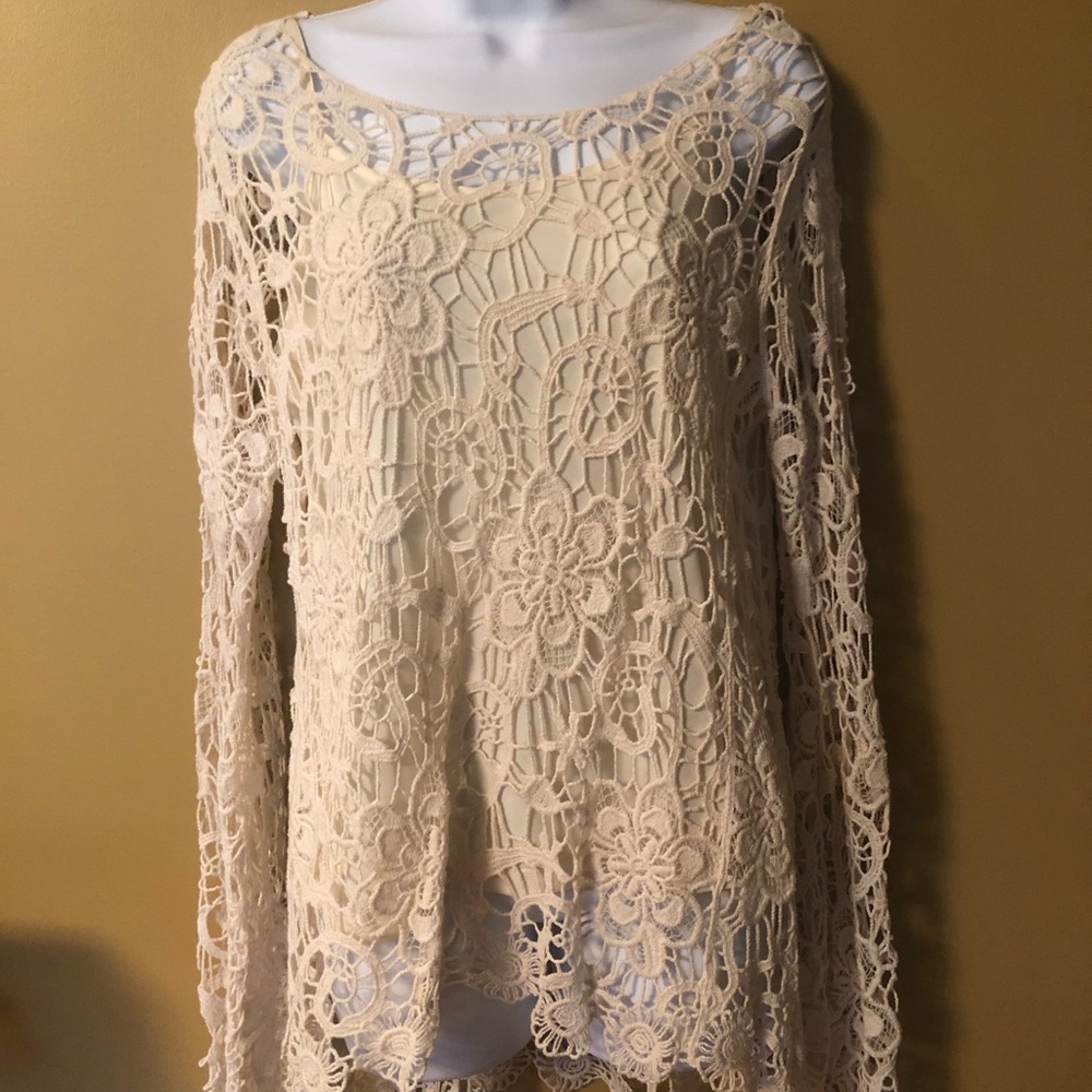 Lace sheer shirt with attached tunic. Off white